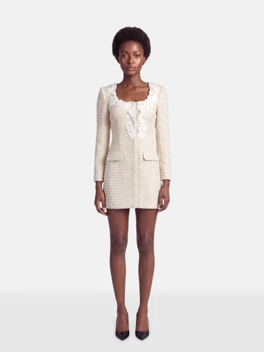 Self-Portrait Gold Boucle Floral Trim Mini Dress
