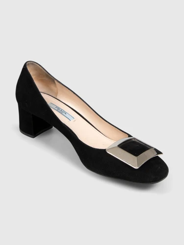 Prada Black Suede Buckle Pumps