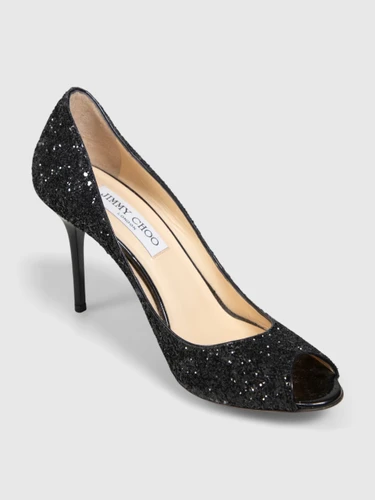 Jimmy Choo Black Glitter Peep Toe Pumps