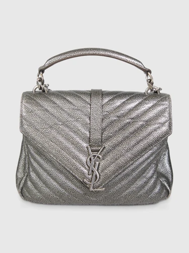 Saint Laurent Silver Leather Chevron Medium College Bag