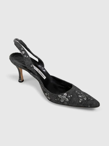 Manolo Blahnik Grey Floral Embroidered Carolyne Heels