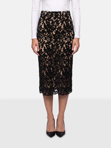 Céline Black Wool Floral Lace Midi Skirt
