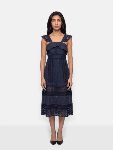 Self-Portrait Navy Floral Lace Trim Bluebell Midi Dress