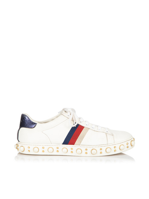 Gucci White Pearl Embellished Ace Trainers