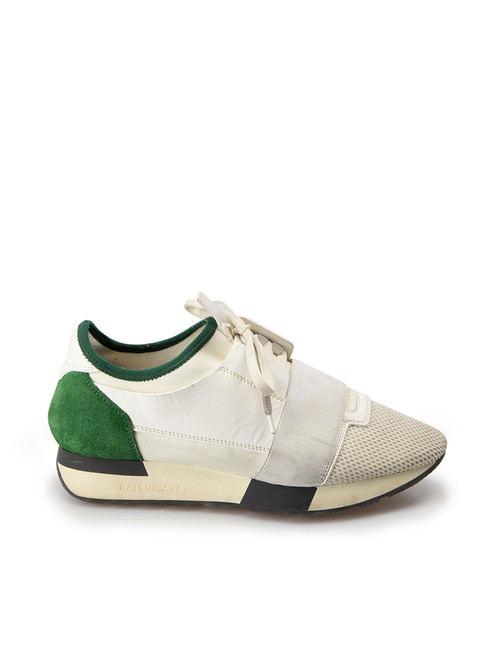 Balenciaga White & Green Leather Chunky Low Race Trainers