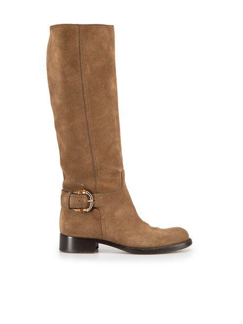 Gucci Brown Suede Buckled Knee High Boots