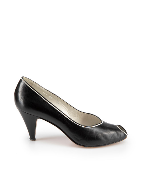 Céline Black Leather Contrast Trim Peep Toe Heels