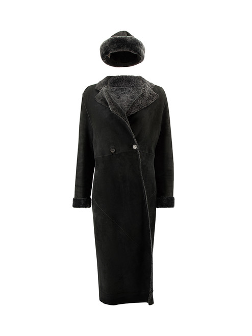 Loewe Black Sheepskin Shearling Lined Vintage Coat & Hat Set