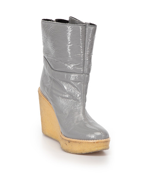Stella McCartney Grey Vegan Patent Faux Shearling Wedge Boots