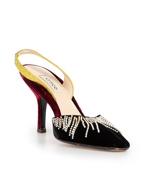 Attico Contrast Panel Velvet Jewelled Slingback Heels