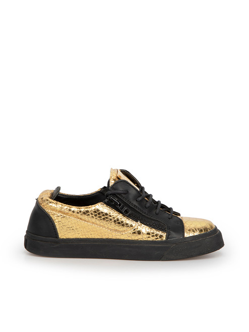 Giuseppe Zanotti Gold & Black Leather Snakeskin Embossed Trainers