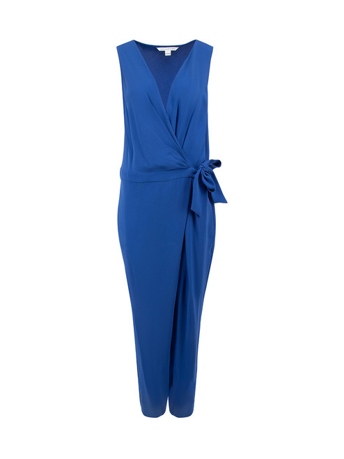 Diane Von Furstenberg Blue Tie Waistband Sleeveless Jumpsuit