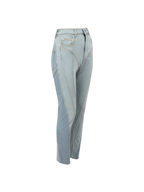 Mugler Light Blue Denim Spiral Panelled High Rise Jeans