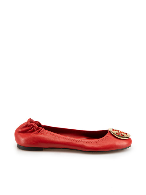 Tory Burch Red Leather Logo Buckle Ballet Flats