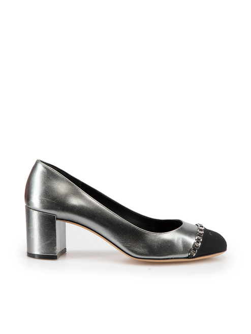 Salvatore Ferragamo Silver Leather Chain Accent Pumps