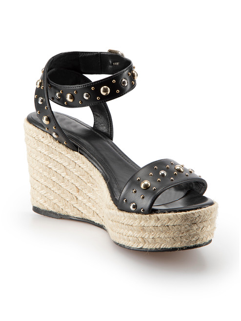 Maje Black Leather Stud Wedge Sandals