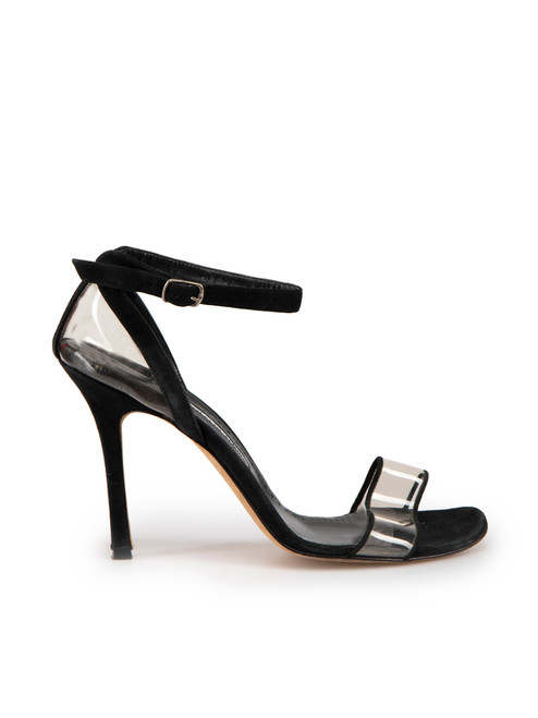 Manolo Blahnik Black Suede Plexi Ankle Strap Sandals