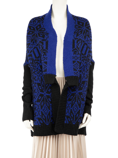 Maje Blue Chunky Knit Fair Isle Intarsia Cardigan