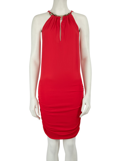 Roberto Cavalli Red Ruched Snake Detail Dress