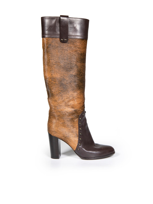 Sergio Rossi Brown Pony Hair Stud Knee High Boots