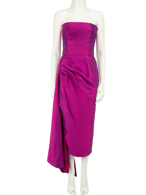 Rasario Magenta Fitted Silk Gathered Drape Detail Midi Dress