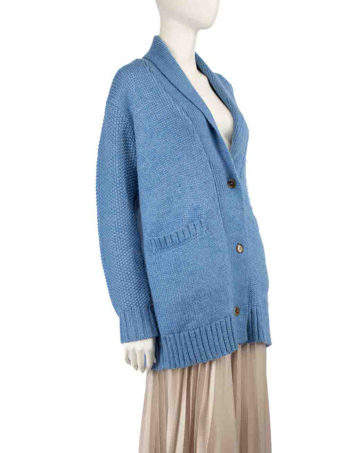 Hatch  Blue Merino Wool Knit Collared Cardigan