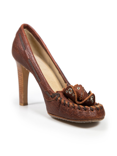 Miu Miu Brown Leather 3D Flower Detail Pumps