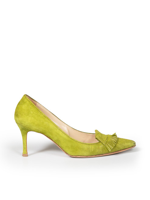 Manolo Blahnik Green Suede Fringed Detail Pumps