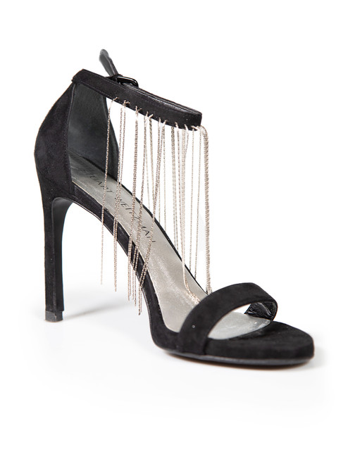 Stuart Weitzman Black Suede Open Toe Tassel Sandals