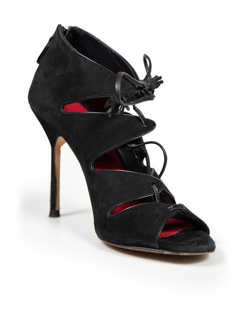 Carolina Herrera Black Suede Lace Up Ankle Sandals