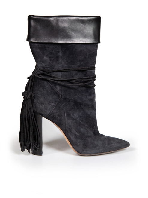 Saint Laurent Black Suede Tassel Mid Calf Boots