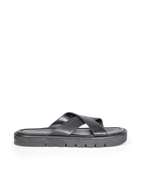 Stuart Weitzman Black Leather Cross Strap Slides