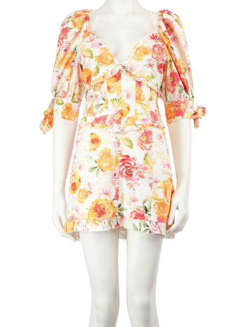 For Love & Lemons White Floral Printed Ruffle Trimmed Mini Dress