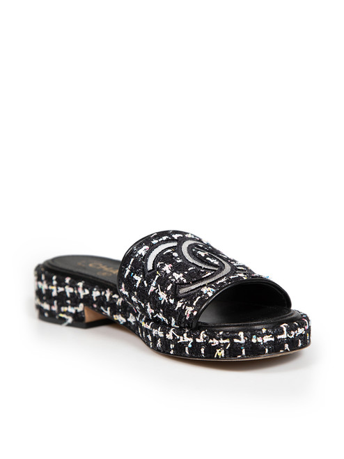 Chanel Black Tweed Interlocking CC Slides