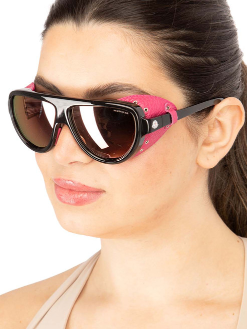 Moncler Black & Pink Leather Trim Shield Sunglasses