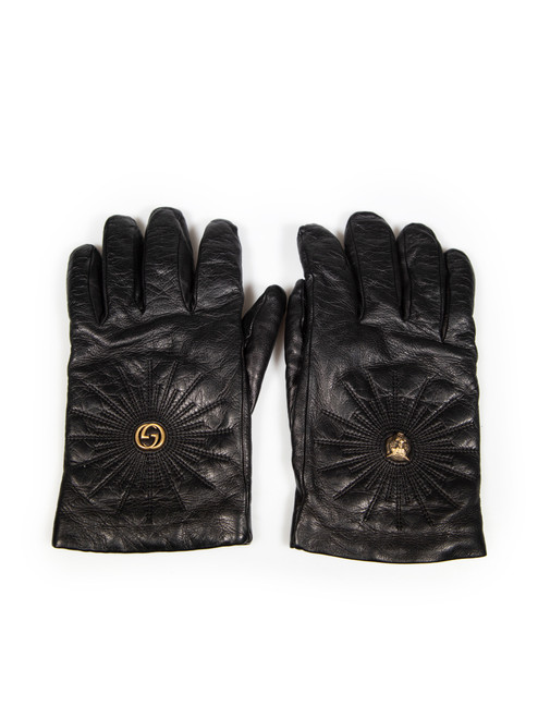 Gucci Black Leather Tiger Head GG Gloves