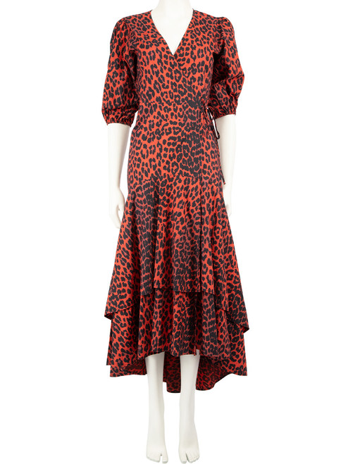 Ganni Orange Leopard Ruffle Midi Wrap Dress