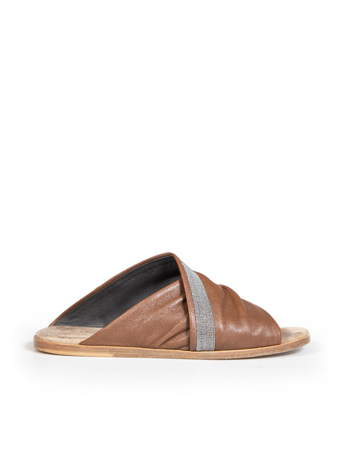 Brunello Cucinelli Brown Leather Beaded Slides Brunello Cucinelli Brown Leather Beaded Slides
