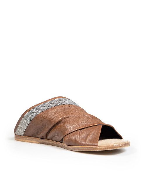 Brunello Cucinelli Brown Leather Beaded Slides Brunello Cucinelli Brown Leather Beaded Slides