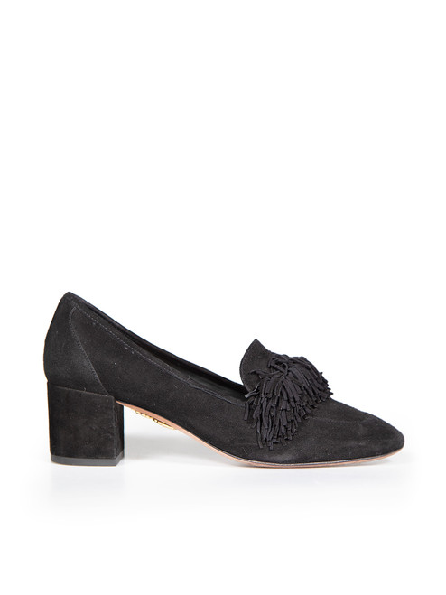 Aquazzura Black Suede Tassel Block Heel Pumps