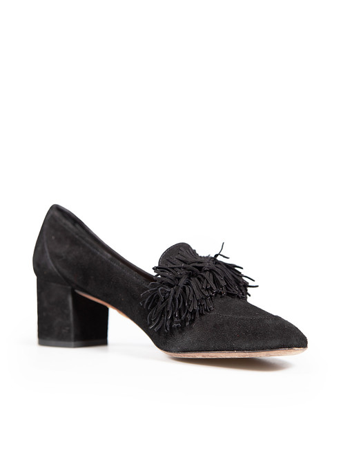 Aquazzura Black Suede Tassel Block Heel Pumps