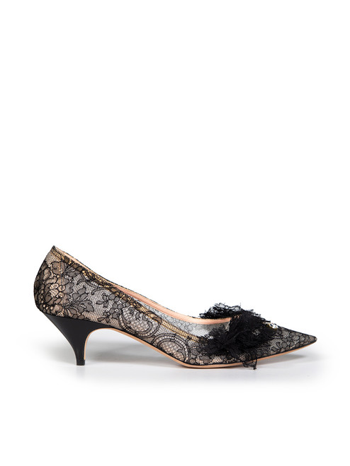 Rochas Black Floral Lace Low Heel Pumps
