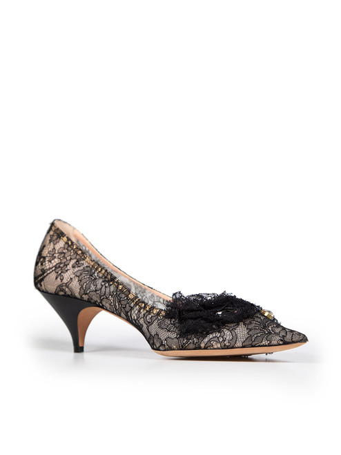 Rochas Black Floral Lace Low Heel Pumps