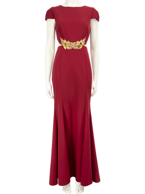 Mikael Aghal Burgundy Gold Embellished Maxi Dress