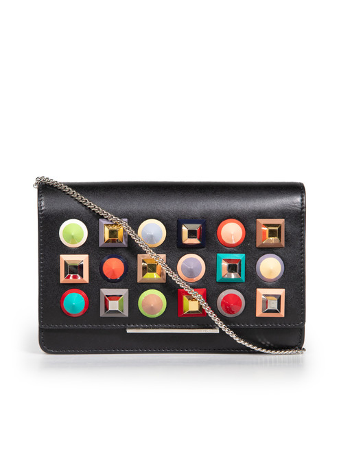 Fendi Black Leather Stud Wallet on Chain Clutch