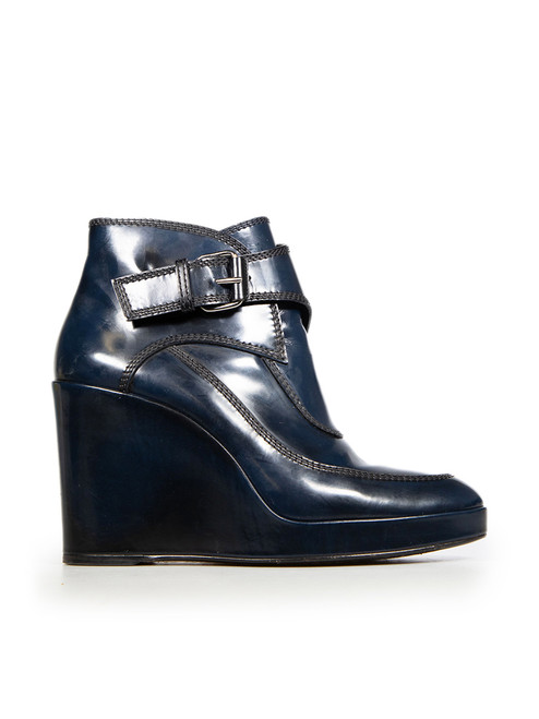 Balenciaga Navy Leather Wedge Heel Boots