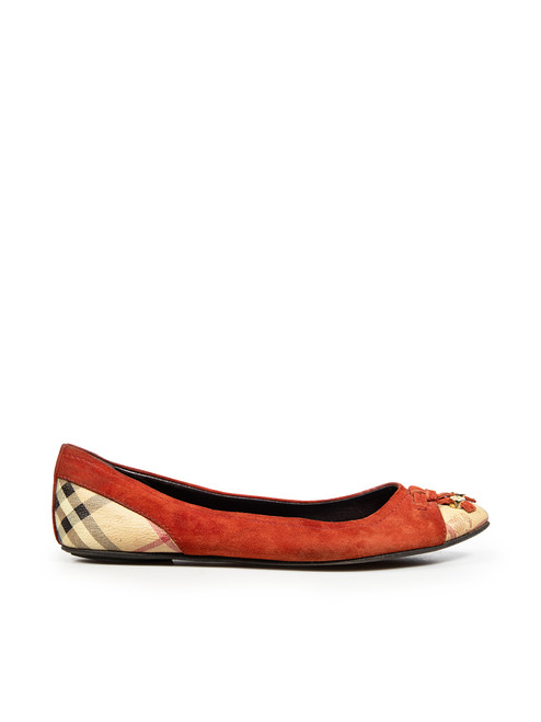 Burberry Orange Suede Nova Check Cap Toe Flats