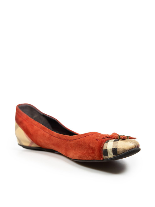 Burberry Orange Suede Nova Check Cap Toe Flats