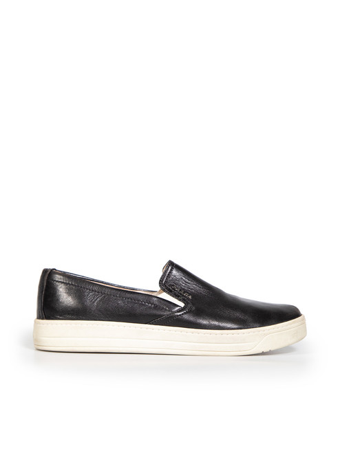 Prada Black Leather Round Toe Slip Ons