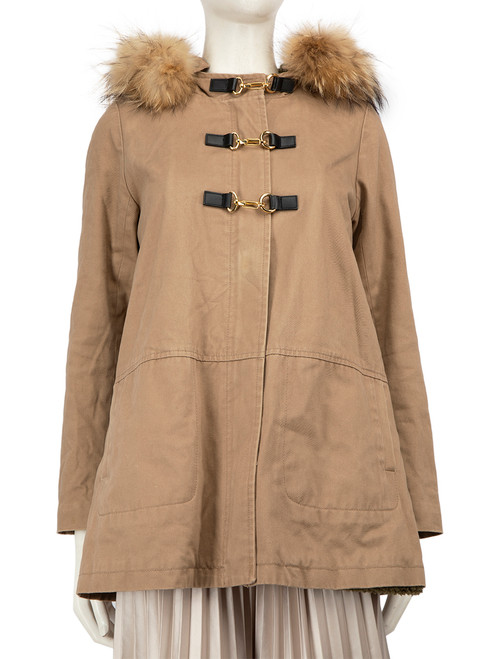 Maje Brown Racoon Fur Trim Hood Coat
